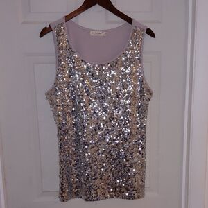 EUC Anna-Kaci Sparkle & Shine Collection Sequinned Tank, XL, Silver & Taupe